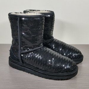 UGG Youth Classic Short Boot, Black Sparkle Sequins, Girls Size 2 / 32